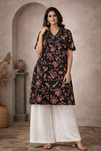 XL Size| Pure Cotton Printed Kurti With Collar | Black