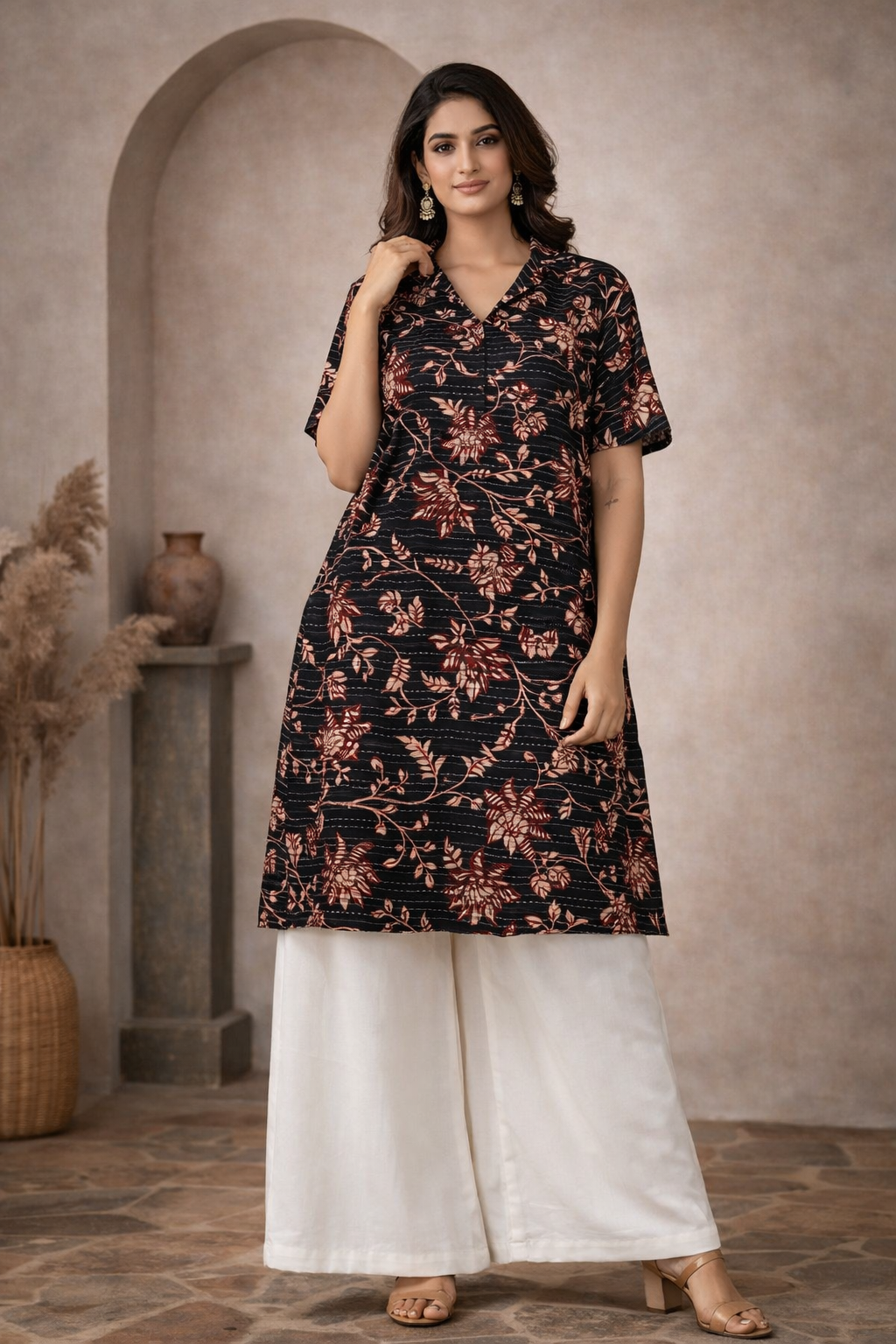 XL Size| Pure Cotton Printed Kurti With Collar | Black