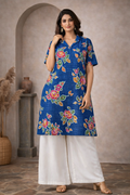 3XL Size| Pure Cotton Printed Kurti With Collar | Blue