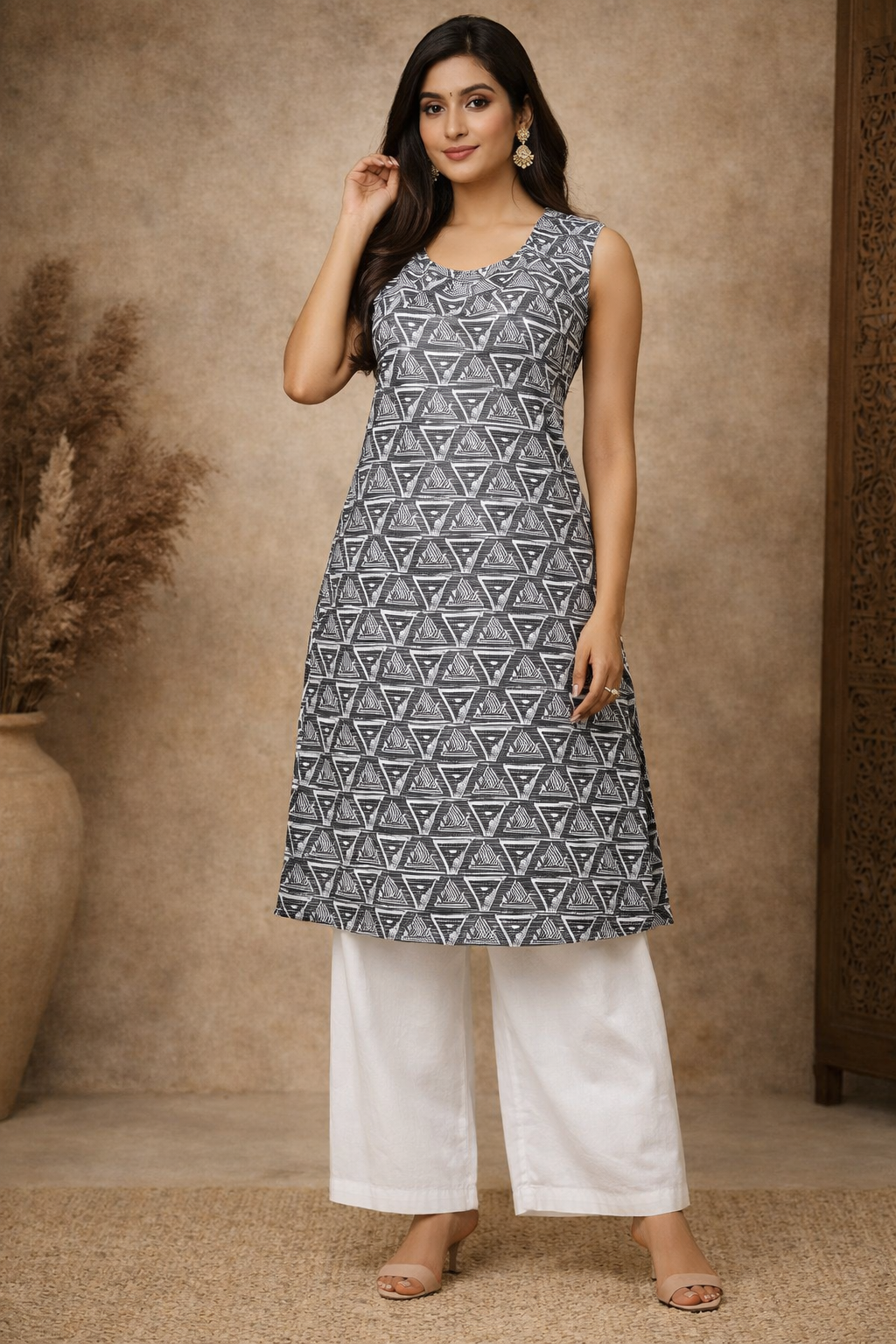 XXL Size| Pure Cotton Sleeveless Printed Kurti| Grey