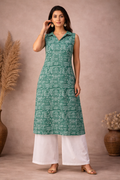 XXL Size| Pure Cotton Collar Sleeveless Printed Kurti| Green