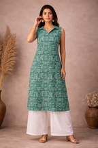 XXL Size| Pure Cotton Collar Sleeveless Printed Kurti| Green