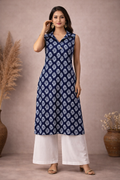 L Size| Pure Cotton Collar Sleeveless Printed Kurti| Blue