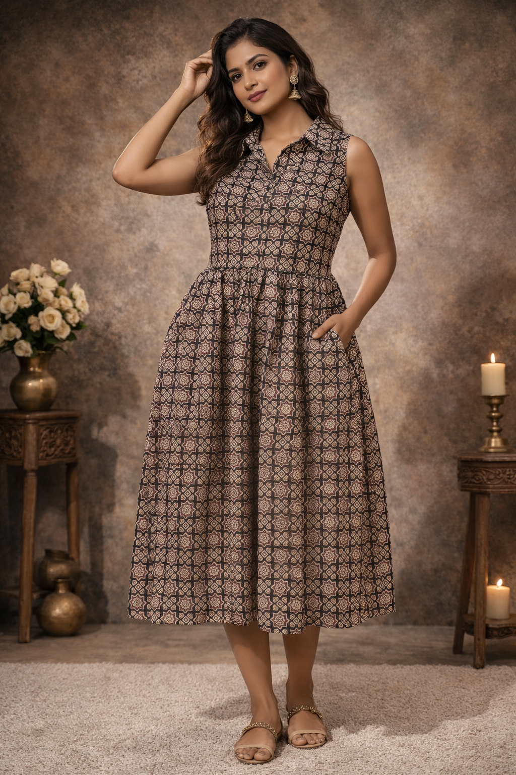 XXL Size| Cotton Azrak Printed Frock Pattern Collar Gown/one piece| Black