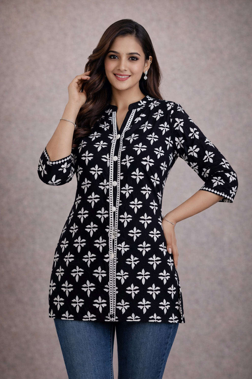 XL SIZE |PURE COTTON SHORT PRINTED KURTI | BLACK