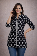 XL SIZE |PURE COTTON SHORT PRINTED KURTI | BLACK