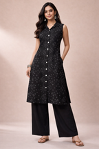 XXL Size| Pure Rayon Collar Sleeveless Printed Kurti| Black