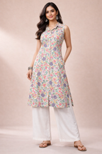 3XL Size| Pure Cotton Collar Sleeveless Printed Kurti| White