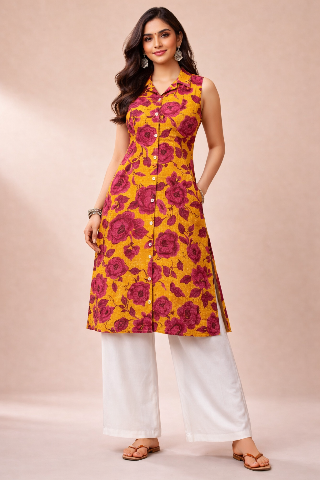 3XL Size| Pure Cotton Collar Sleeveless Printed Kurti| Yellow