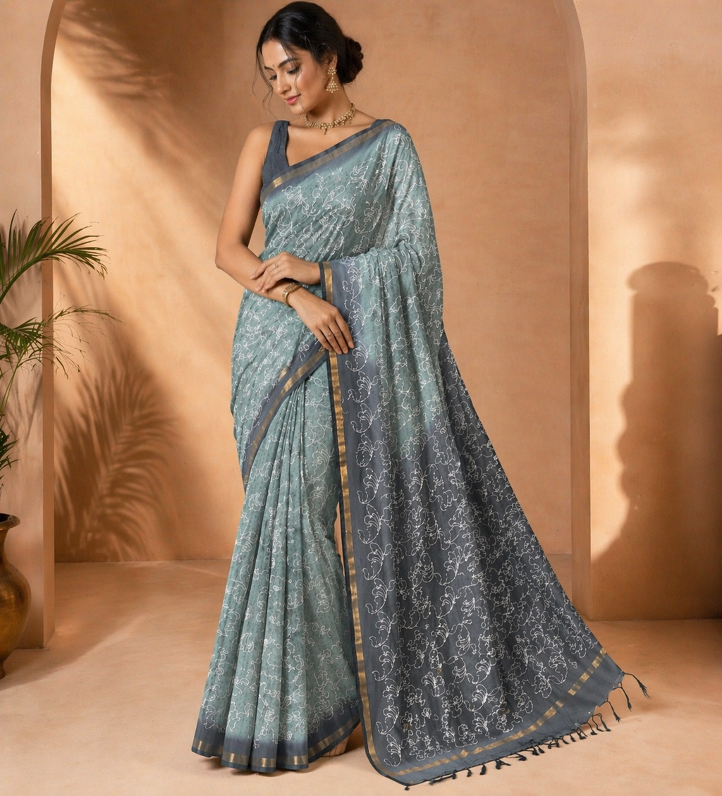Silk Saree With Stitched Work| Green