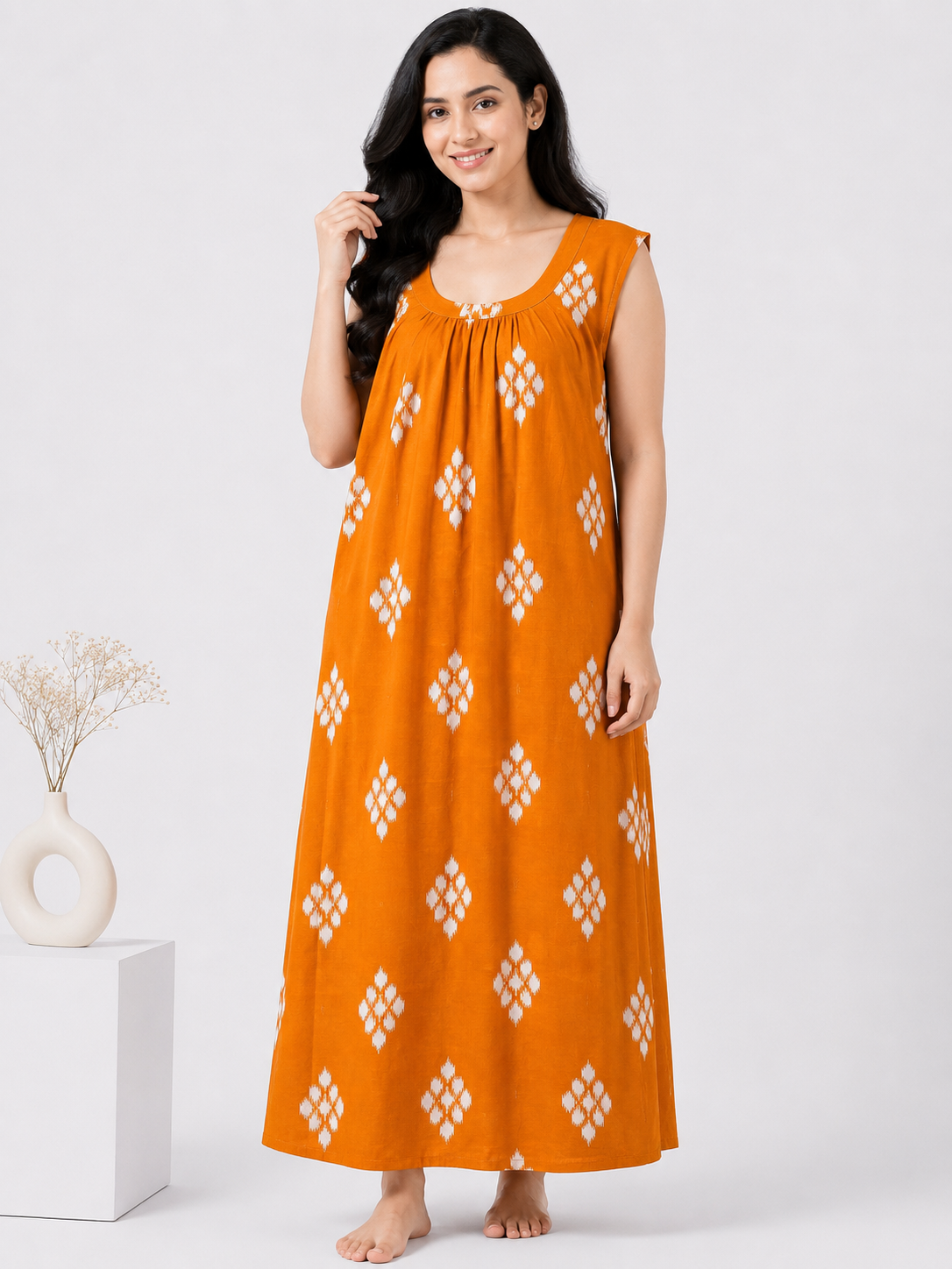 Pure Cotton Sleeveless Nighty | Yellow