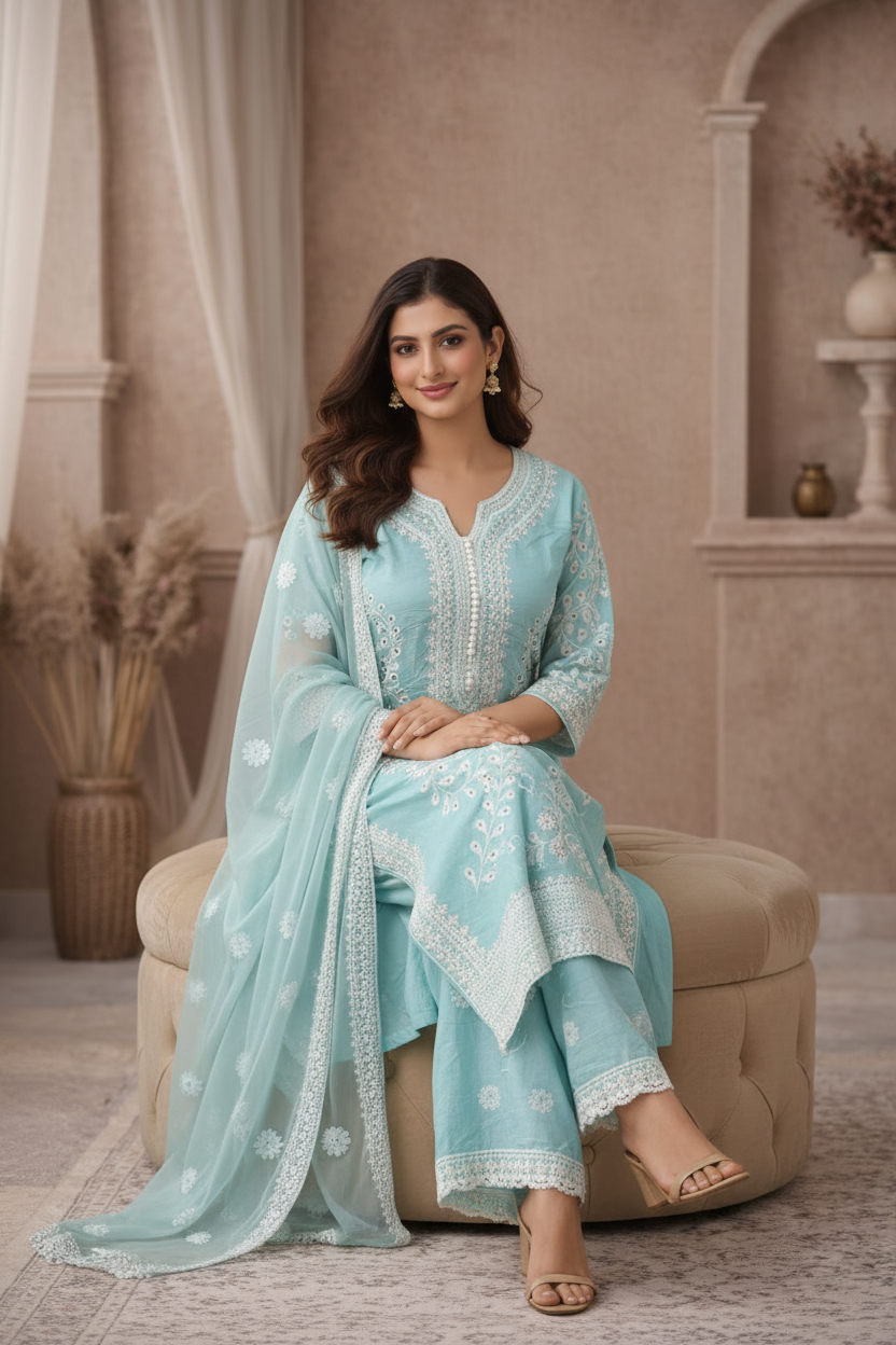 Aqua embroidered kurti seated pose
