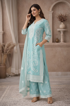 Aqua embroidered kurti side pose