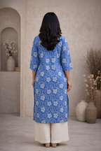 Back view of blue floral printed kurti with palazzo