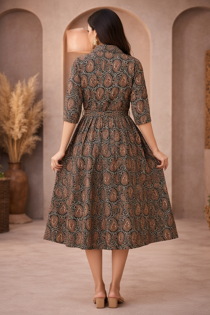 Back view of brown paisley patterned dress