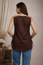 Back view of brown sleeveless tunic top