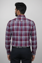 Back view of burgundy plaid shirt