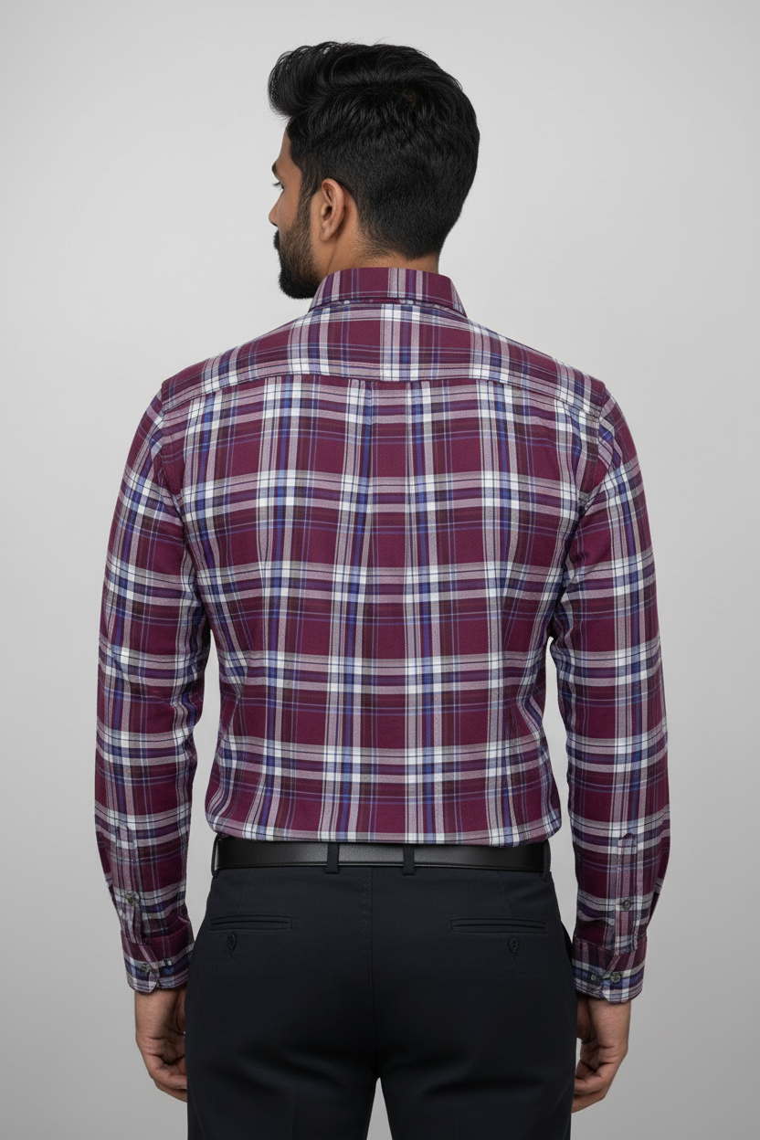 Back view of burgundy plaid shirt