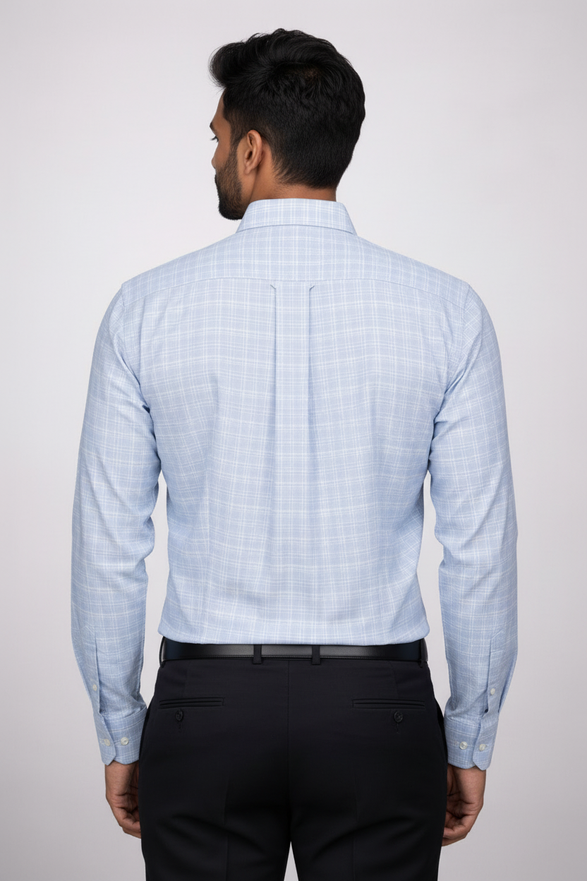Back view of light blue checkered shirt