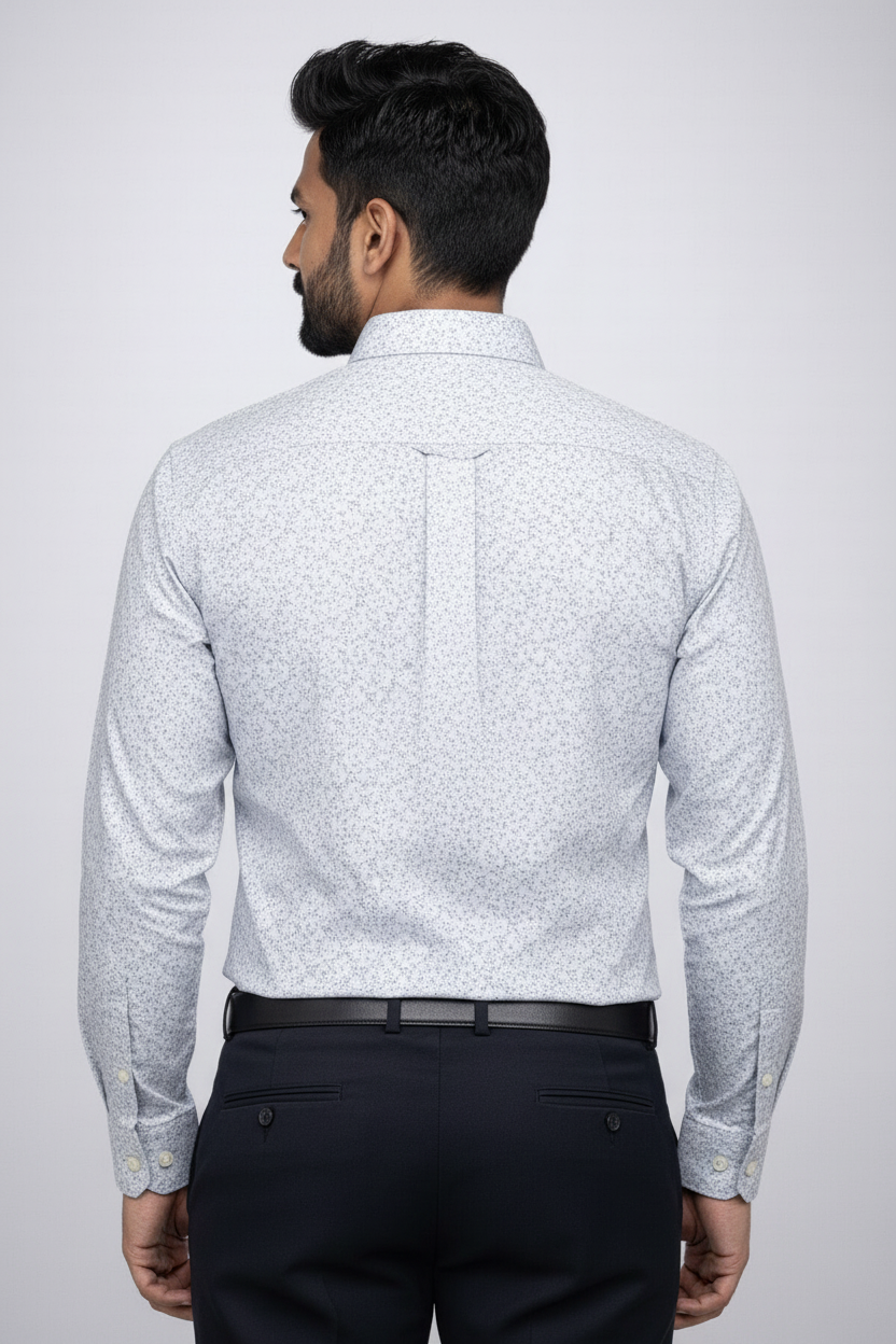 Back view of light blue printed shirt