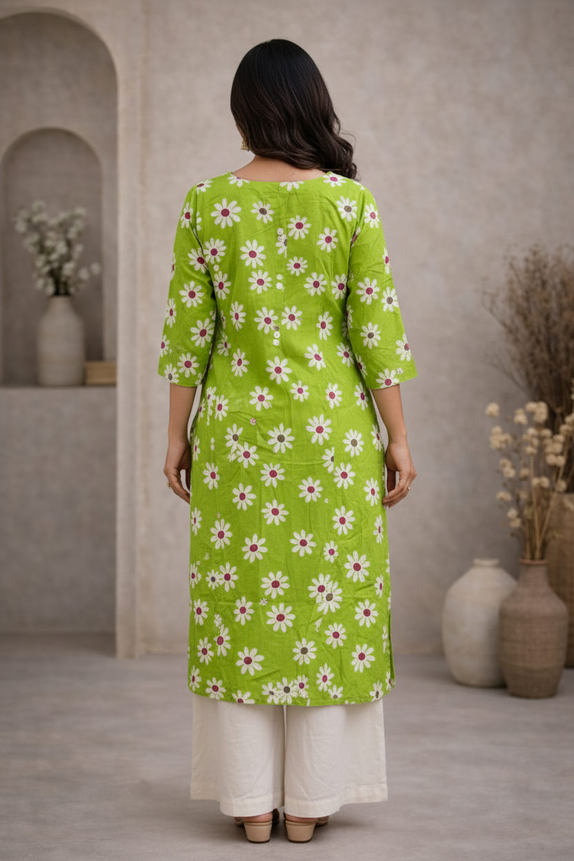 Back view of lime green kurti with daisy print
