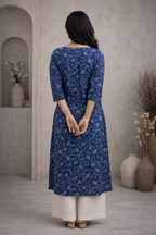 Back view of navy blue printed kurti with palazzo