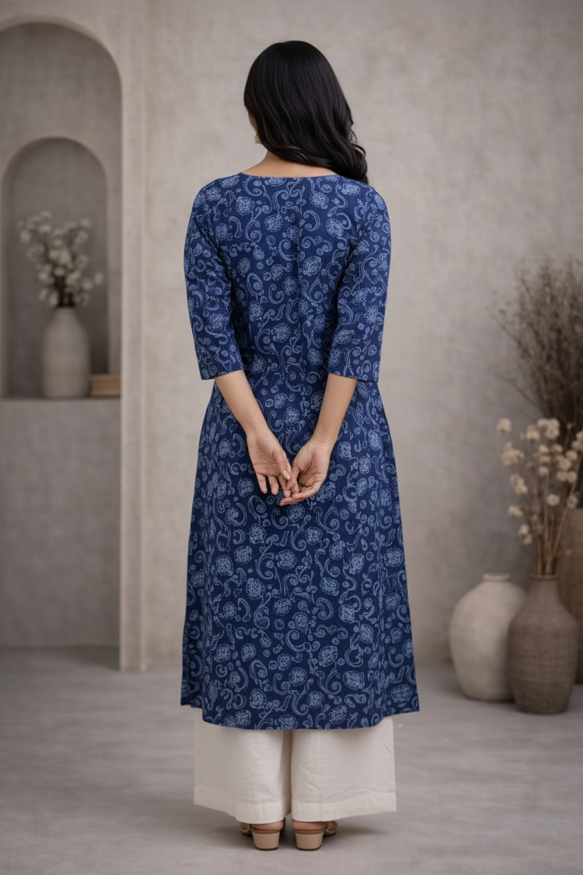 Back view of navy blue printed kurti with palazzo