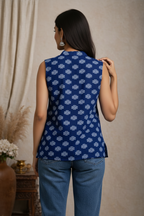 Back view of navy blue printed tunic top