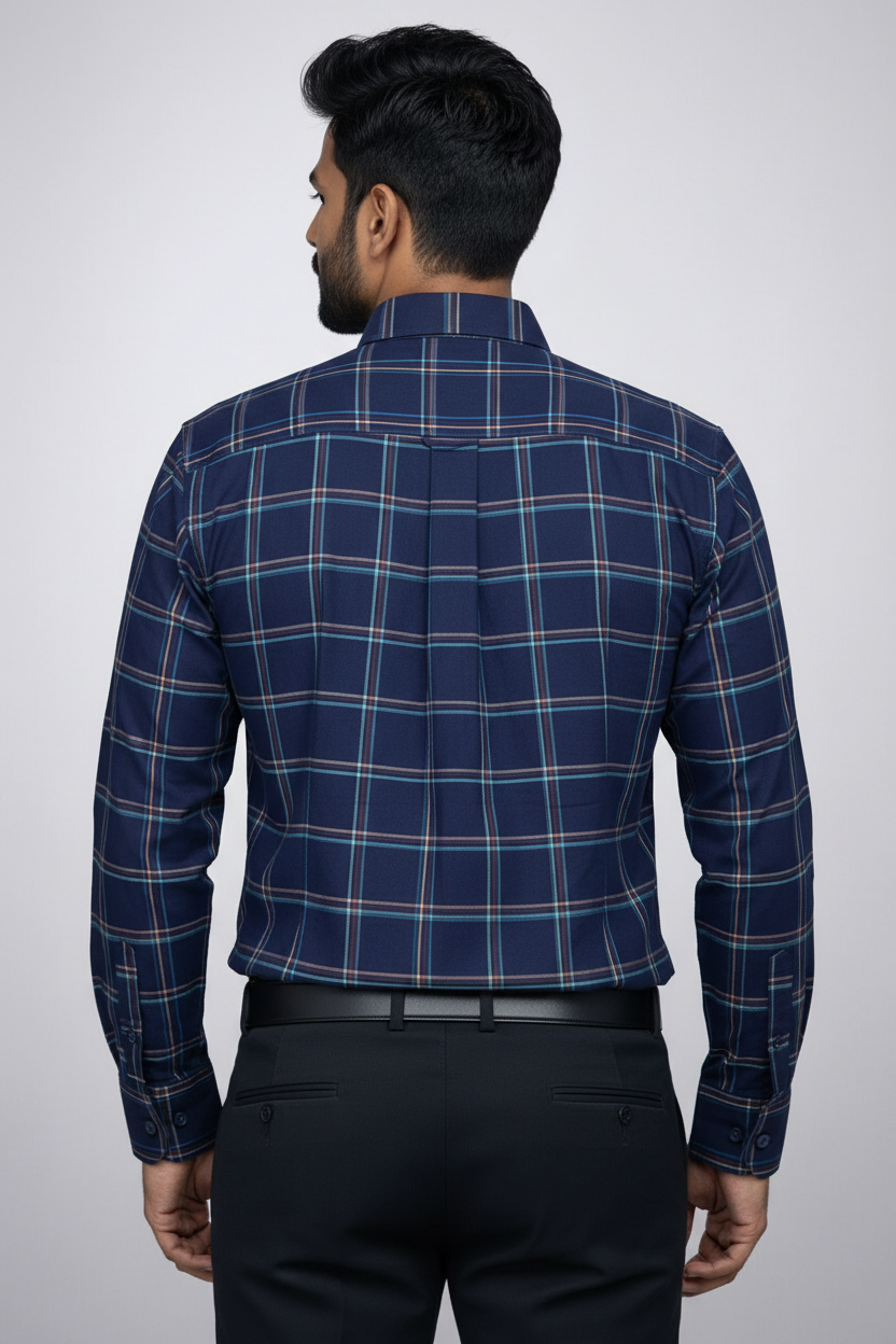 Back view of navy checkered shirt