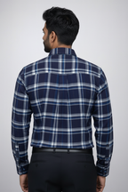 Back view of navy checkered shirt