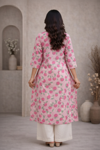 Back view of pink floral printed kurti with palazzo