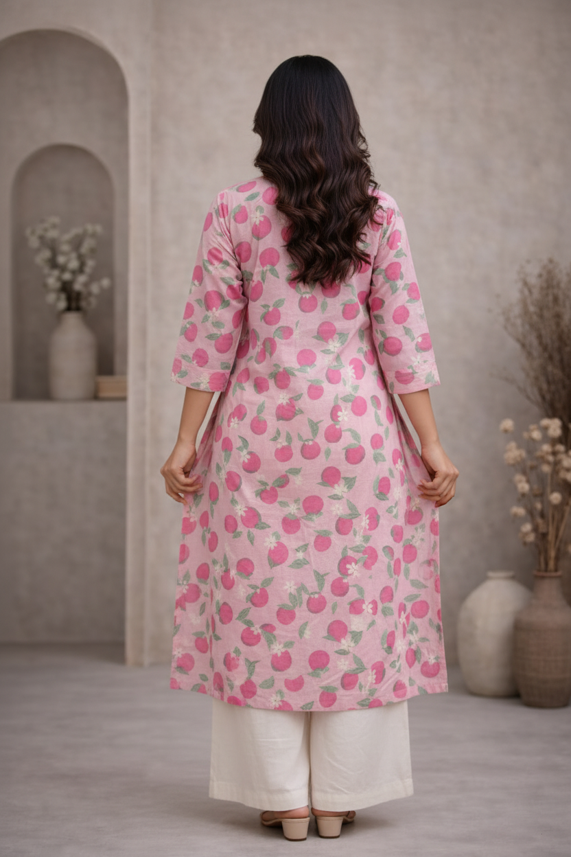 Back view of pink floral printed kurti with palazzo