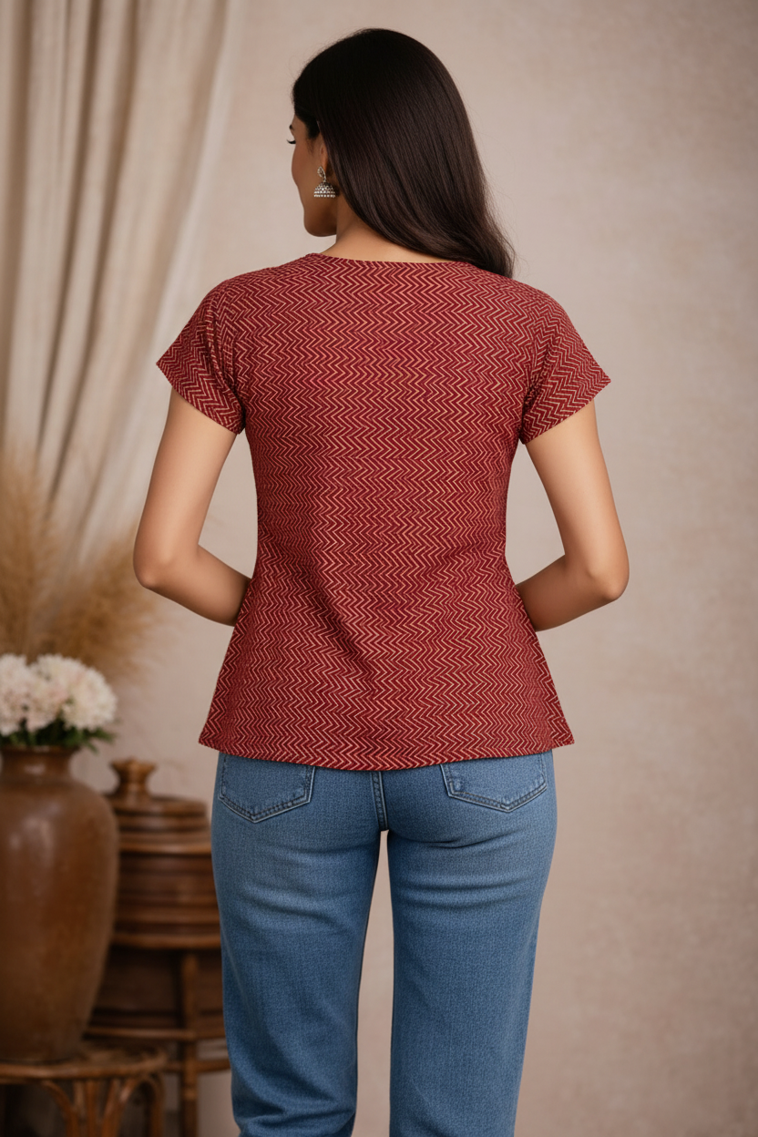 Back view of red chevron patterned top