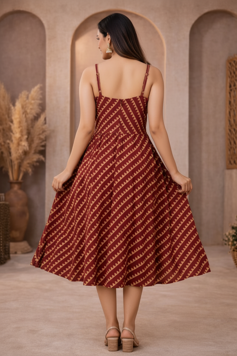 Back view of red diagonal striped dress