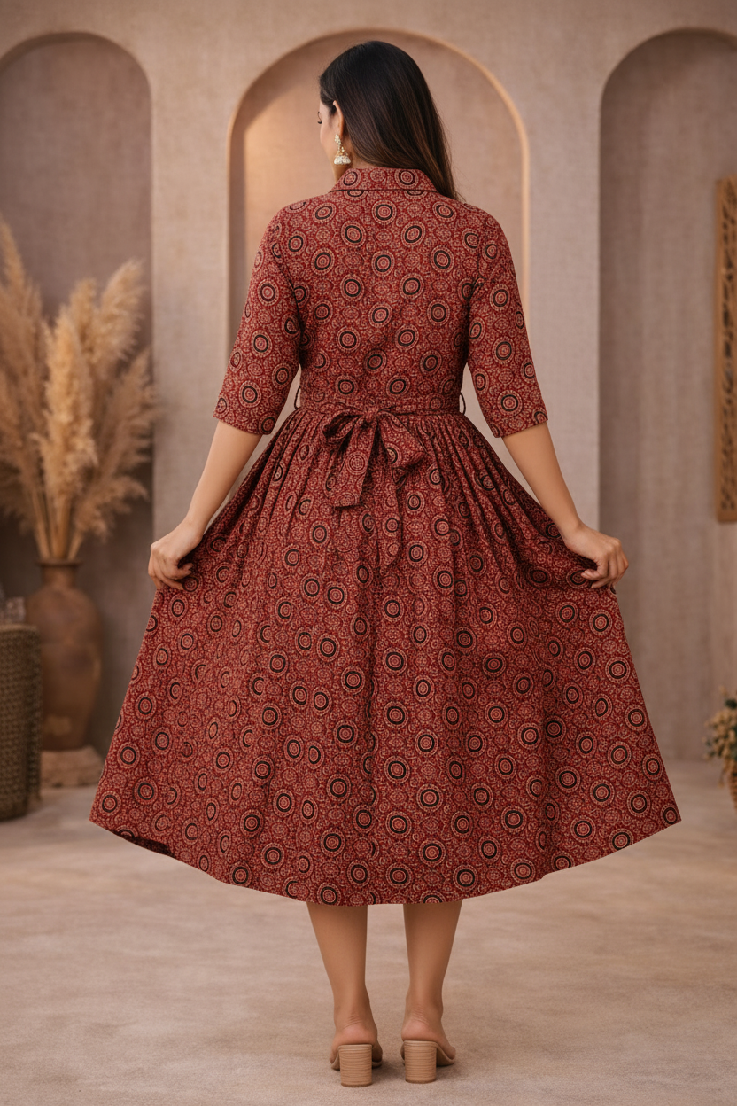 Back view of red medallion patterned dress