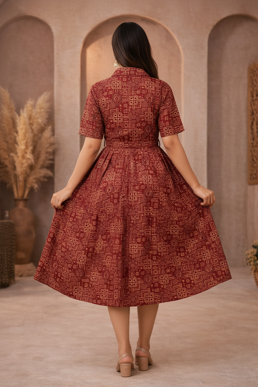 Back view of red patterned dress