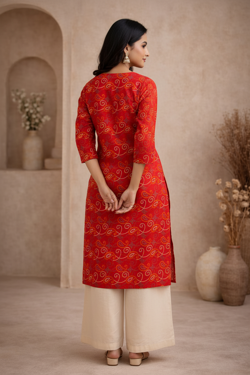 Back view of red printed kurti with palazzo