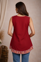 Back view of red sleeveless tunic top