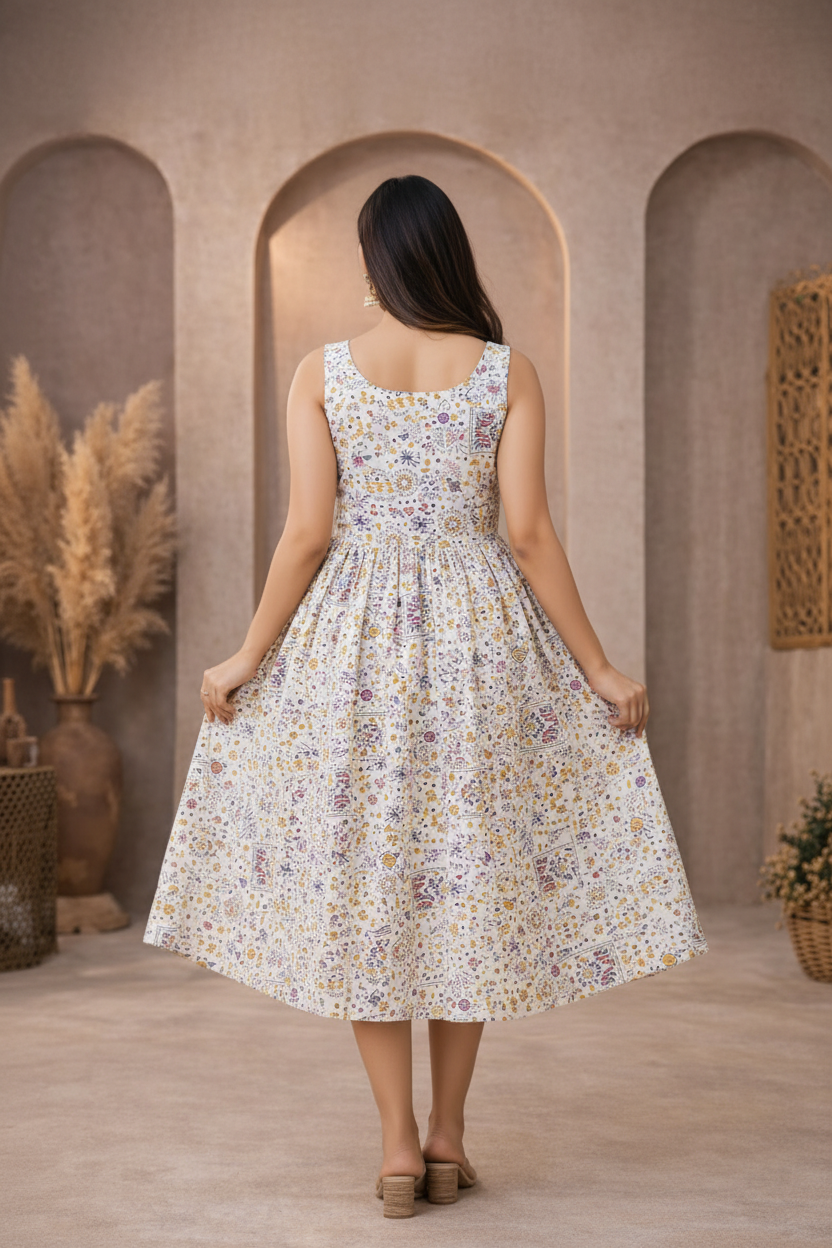 Back view of white floral printed dress
