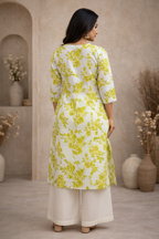 Back view of white kurti with lime green floral print