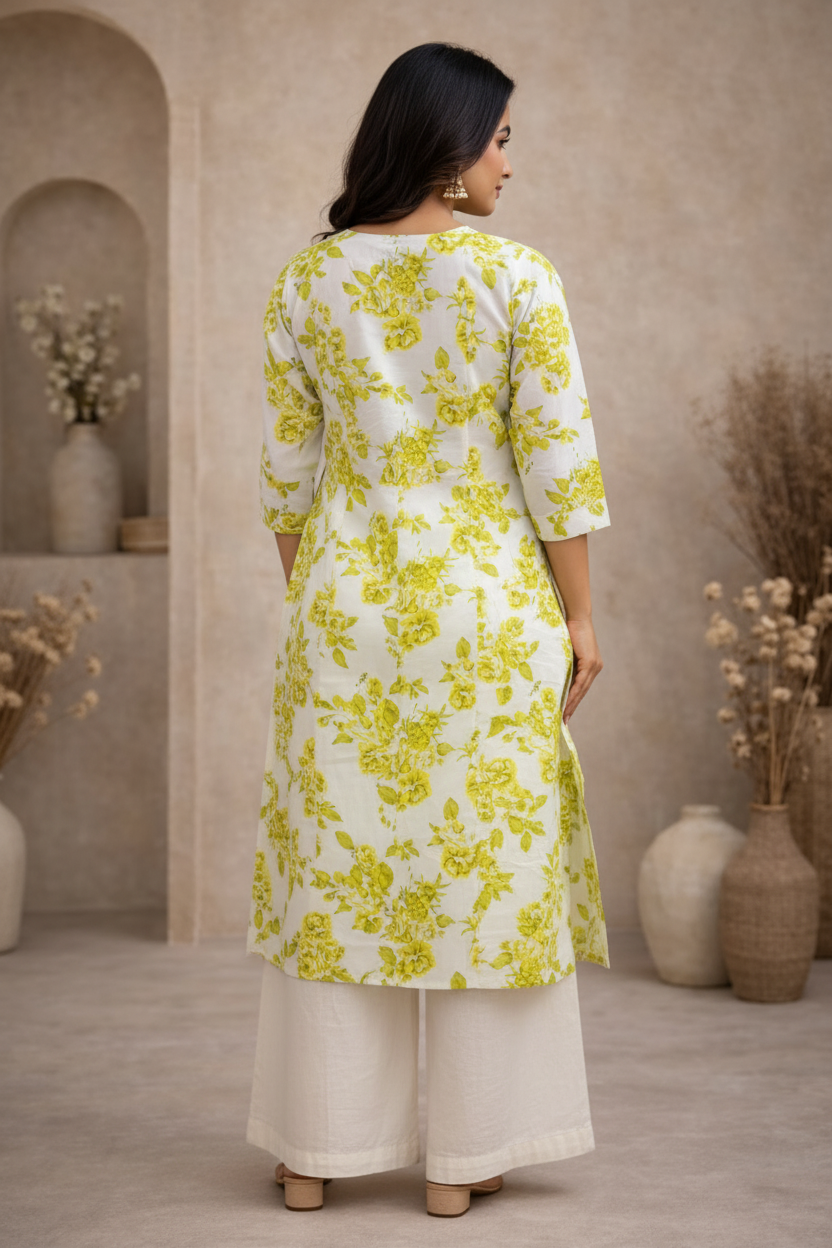 Back view of white kurti with lime green floral print