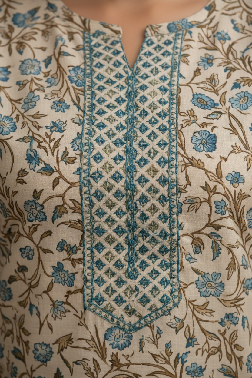 Beige floral kurti close-up