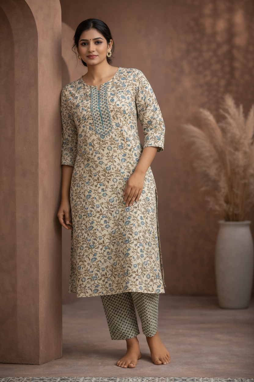 Beige floral kurti leaning pose