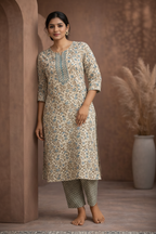 Beige floral kurti leaning pose