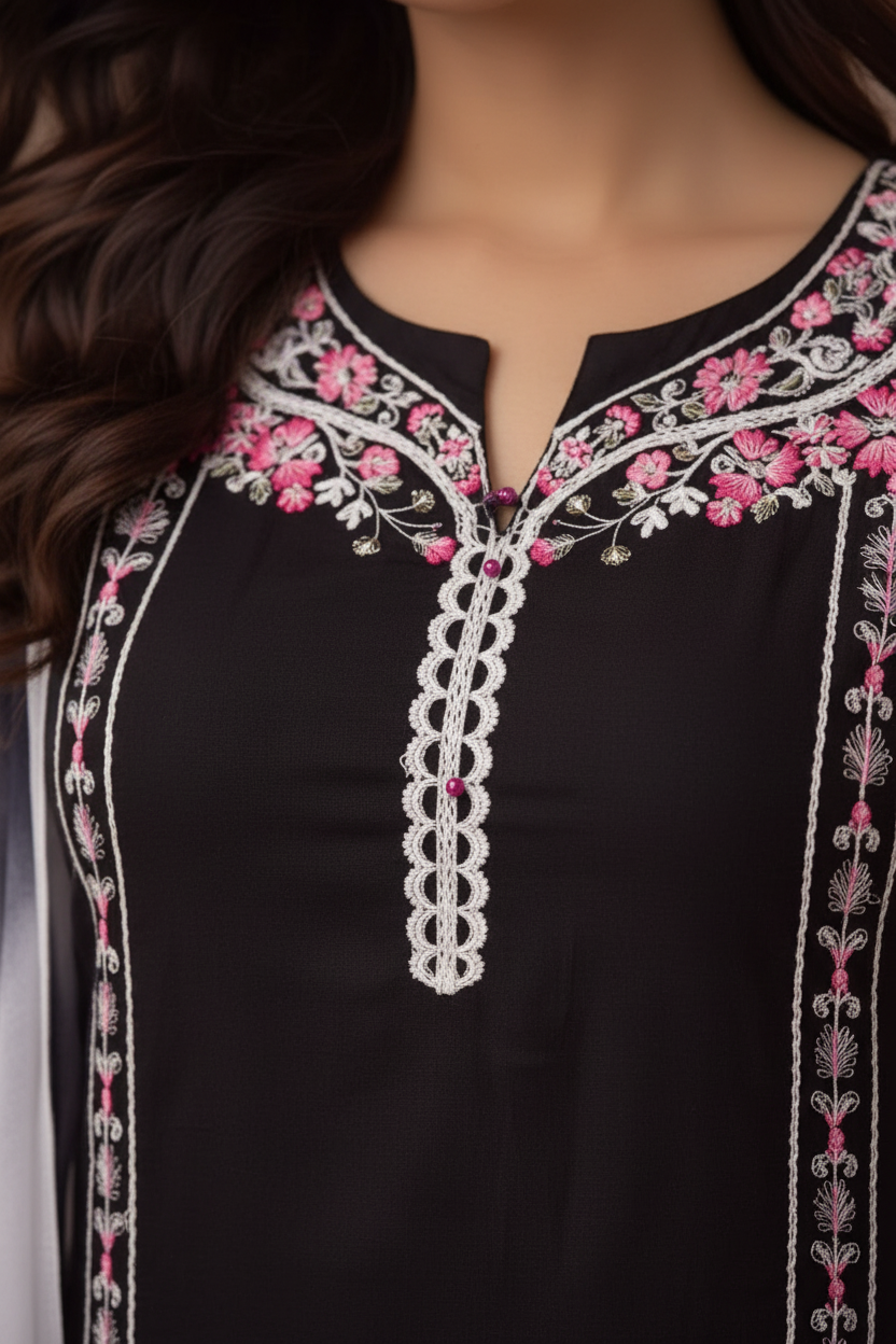 Black embroidered kurti close-up