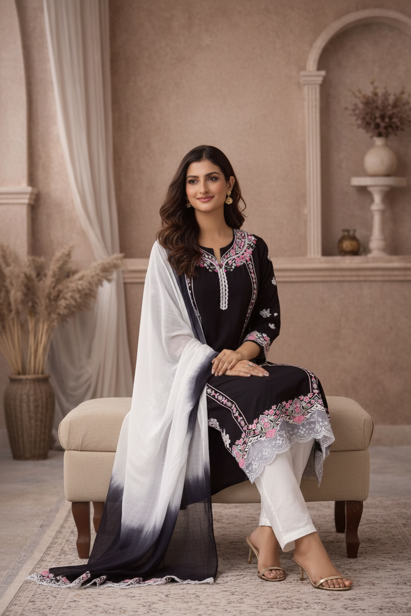 Black embroidered kurti seated pose