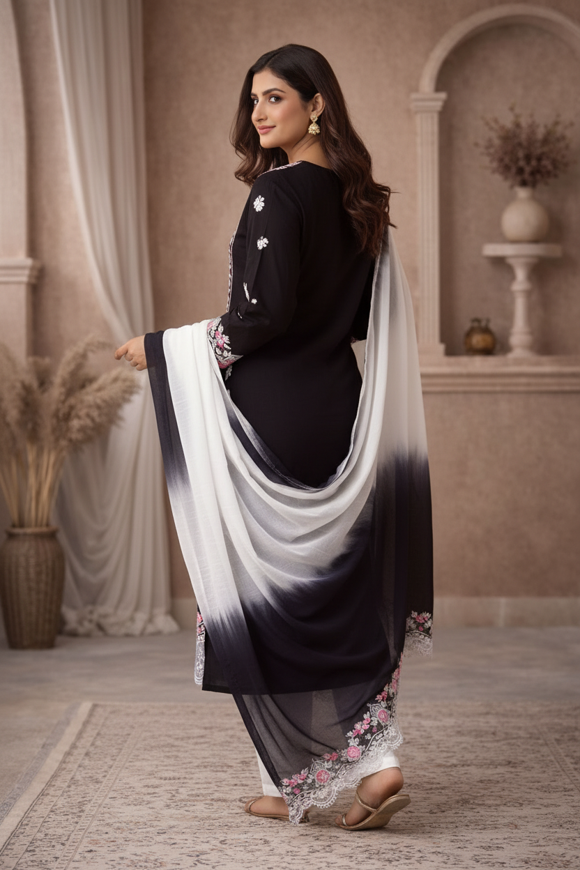 Black embroidered kurti side pose