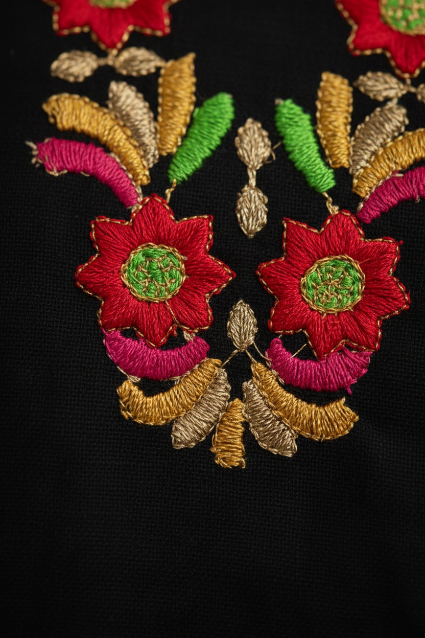 Black Red Gold Embroidered Kurti Fabric Detail