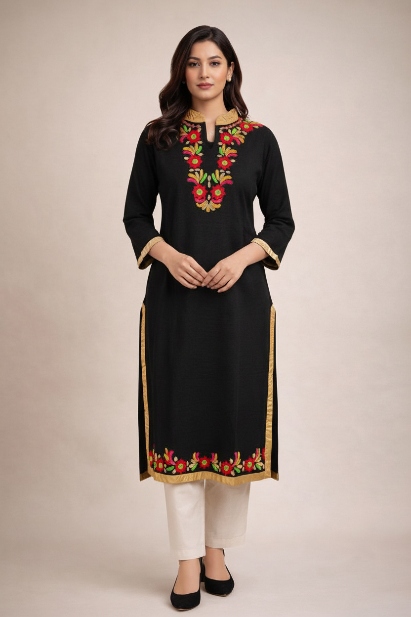 Black Red Gold Embroidered Kurti Front View