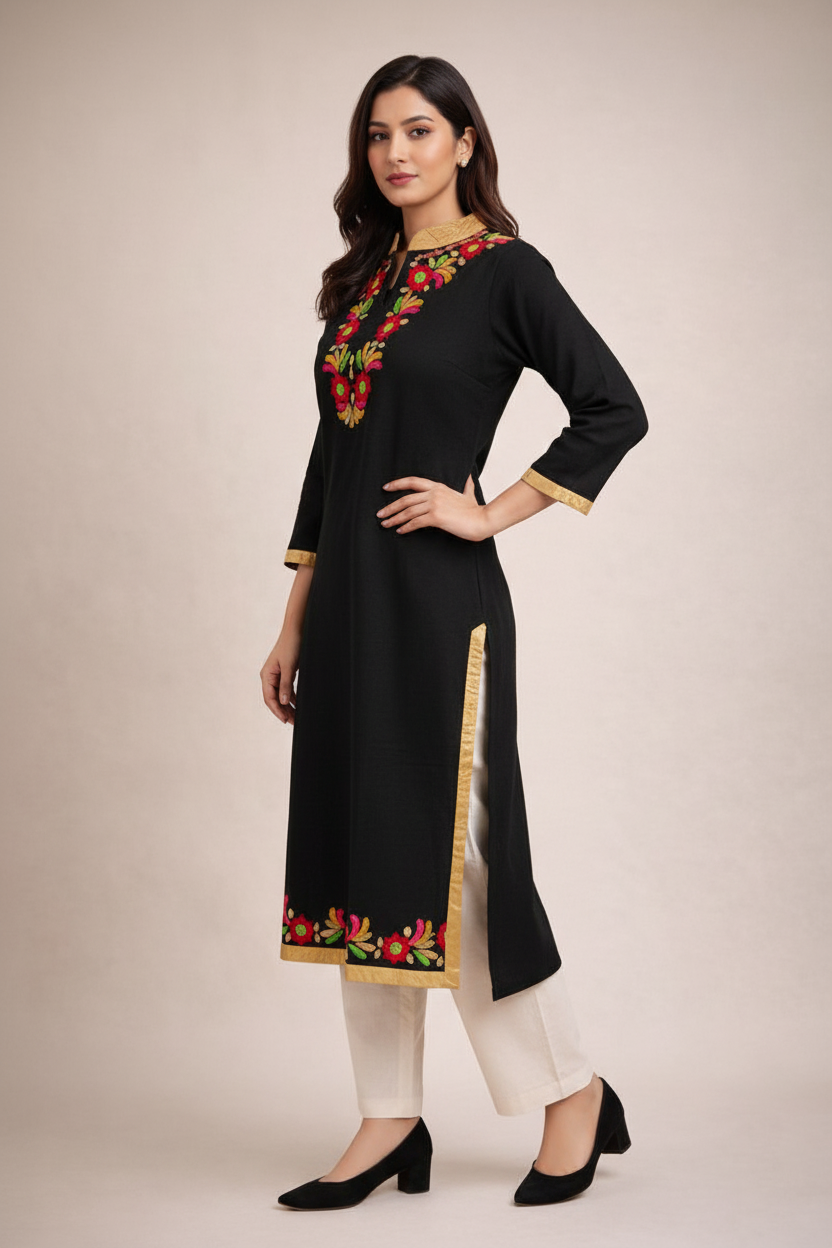 Black Red Gold Embroidered Kurti Side Angle